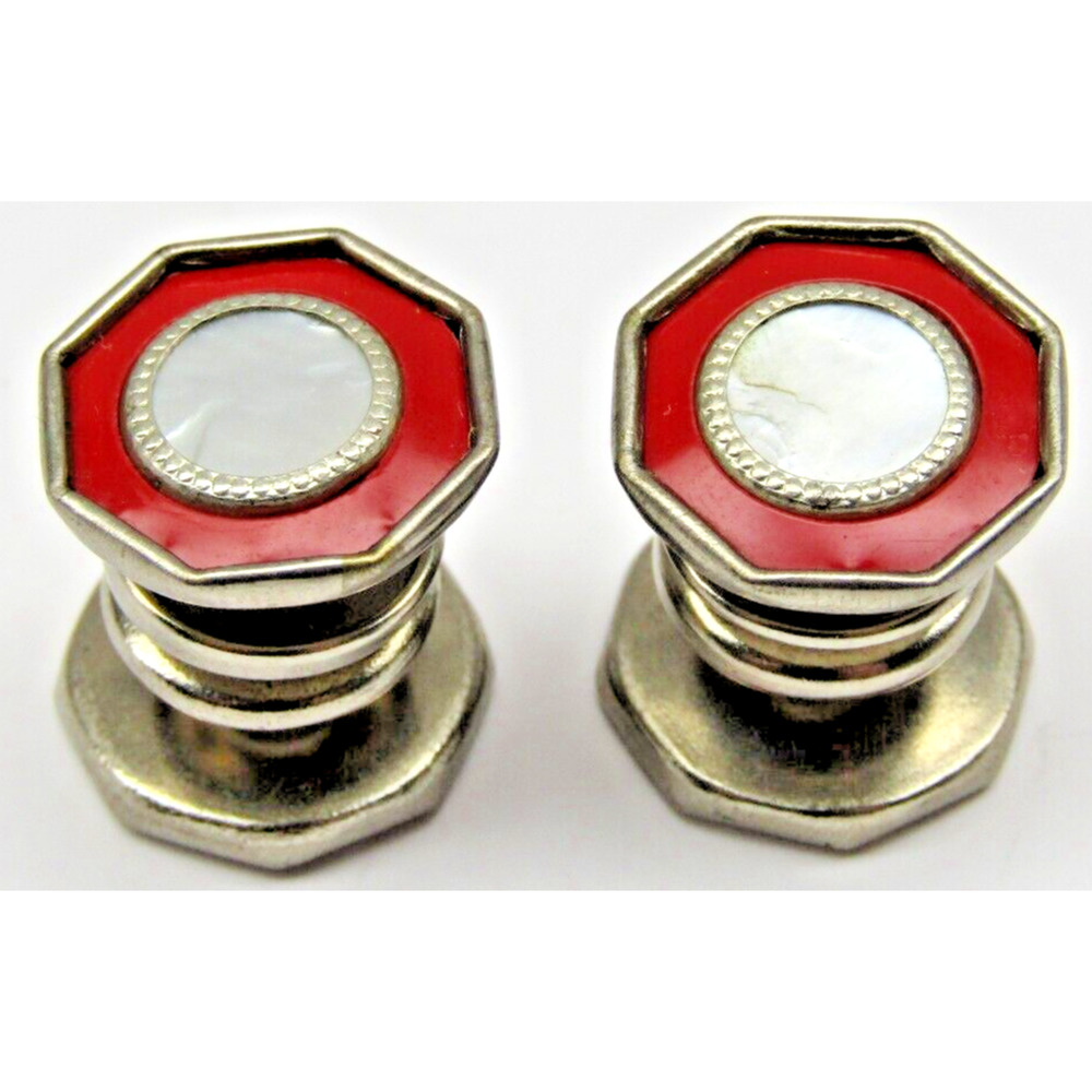 Snap Cufflinks Red Celluloid Double Sided Silver MOP Men Formal Wear